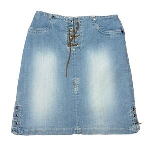 Wally's Vintage Y2K Lace‎ Up Denim Skirt Light Wash Blue Mini Skirt Womens 27W